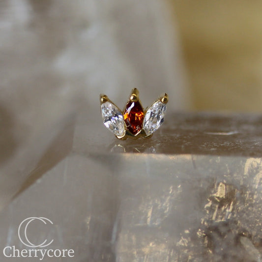 3 Gem Marquise Fan Threadless Attachment-  Garnet & White CZ